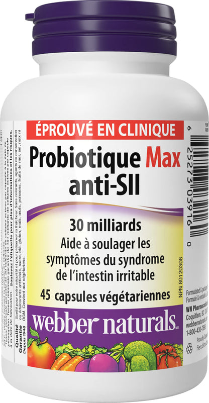 Webber Naturals Probiotic Max IBS Support, 30 Billion Active Cells, 5 Probiotic Strains, 45 Capsules, Helps Reduce Symptoms of Irritable Bowel Syndrome, Vegetarian - Available at All In One Marketplace Canada