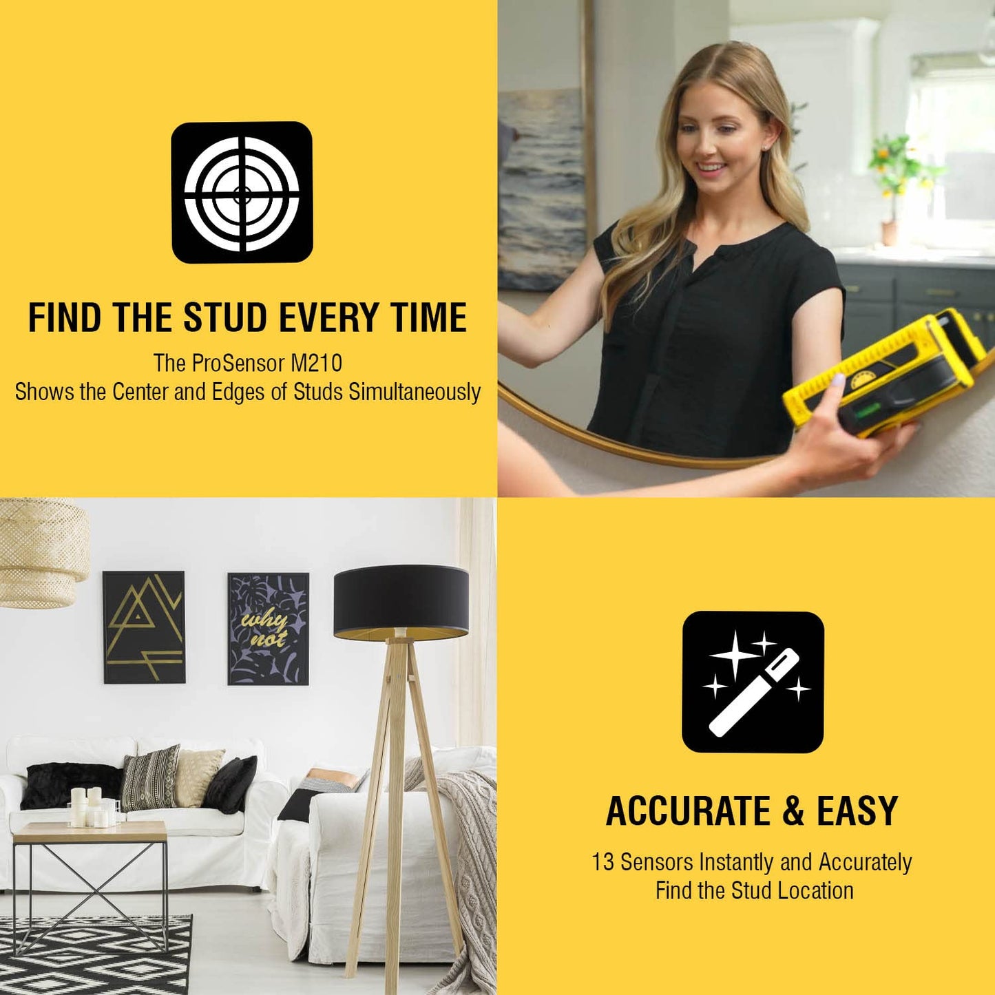 Franklin Sensors ProSensor M210 Stud Finder with 13-Sensors, Wood & Metal Stud Detector/Wall Scanner, Live Wire Detection - Available at All In One Marketplace Canada