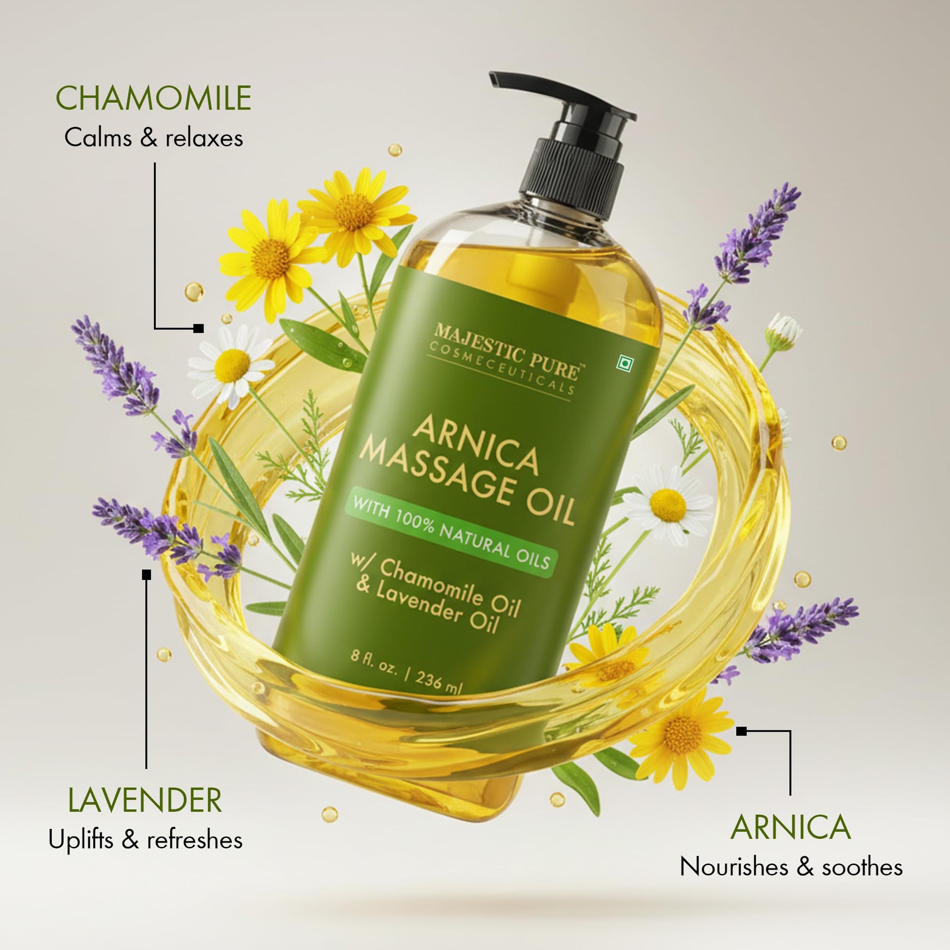 MAJESTIC PURE Arnica Massage Oil for Massage Therapy - with Lavender and Chamomile Essential Oils - Multipurpose Instant Absorption Full Body Massage - 8 fl. oz - Available at All In One Marketplace Canada