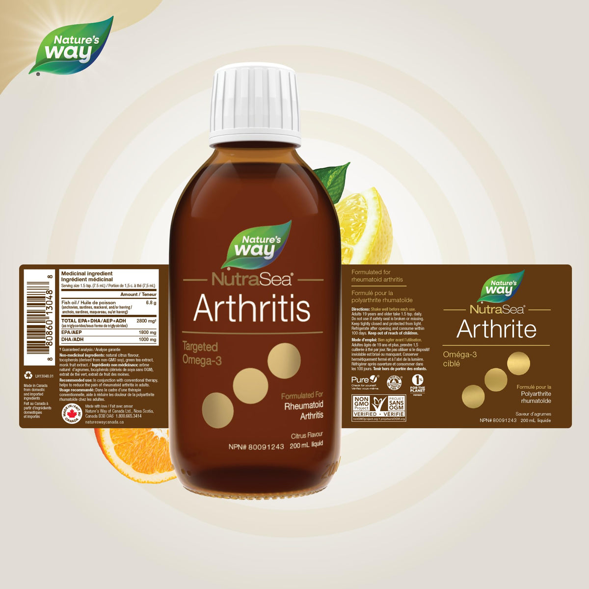 Nature's Way NutraSea Omega-3 - Arthritis - Rheumatoid Arthritis Support 2800mg (1800 mg EPA, 1000 mg DHA), Citrus Flavour, 200ml Liquid
