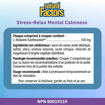 Natural Factors Stress Relax Mental Calmness, 120 Chewable Tablets, Tropical Fruit Flavour, Suntheanine L Theanine 100 mg, Promotes Deep Relaxation, Stress Relief, Proudly Canadian - Available at All In One Marketplace Canada