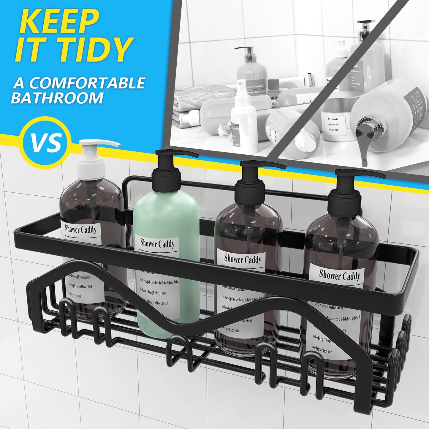 Coraje Adhesive Shower Caddy, 5-Pack Shower Shelves, Large Capacity Load Bearing 40 LBS Shower Organizer, No Drilling Shower Shelf, Rustproof Stainless Steel Bathroom Shower Storage, Black - Available at All In One Marketplace Canada
