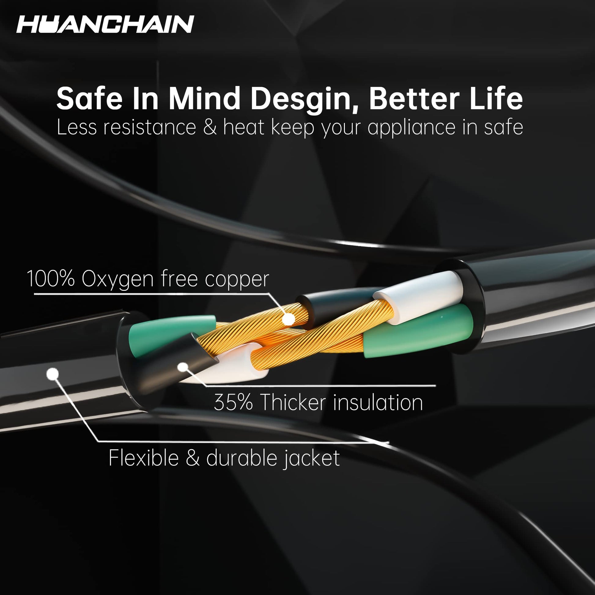 HUANCHAIN Indoor Outdoor Black Extension Cord 50 ft Waterproof, 16/3 Gauge Flexible Resistant Appliance Extension Cord Outside, 13A 1625W 16AWG SJTW, 3 Prong Electric Cable, ETL