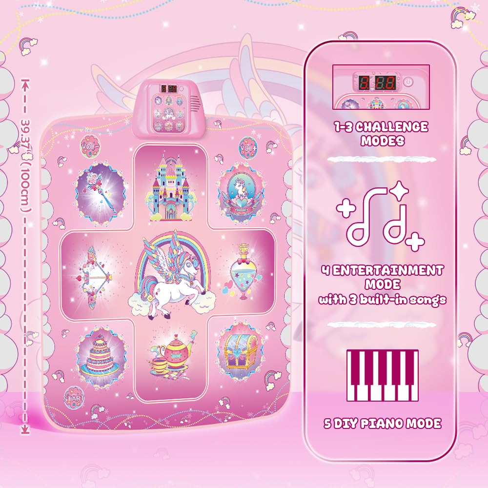 GirlsHome Dance Mat - Unicorn Toys for Girls Electronic Dance Pad with 5 Game Modes, Built-in Music, Touch Sensitive Light Up LED Kids Musical Mat, Christmas & Birthday Gift for Toddler Girls 3-12 🍁 All In One Marketplace Canada