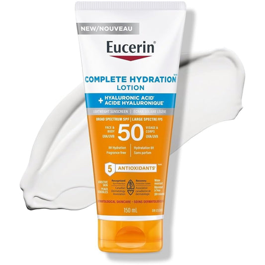 Eucerin Sun Complete Hydration Sunscreen, Daily Face Sunscreen SPF 50 with Hyaluronic Acid and Antioxidants, Hypoallergenic Body SPF 50 Lotion with UVA-UVB Sun Protection, Fragrance Free & Water-Resistant, Suitable for Sensitive Skin, 150 ml Tube - Available at All In One Marketplace Canada