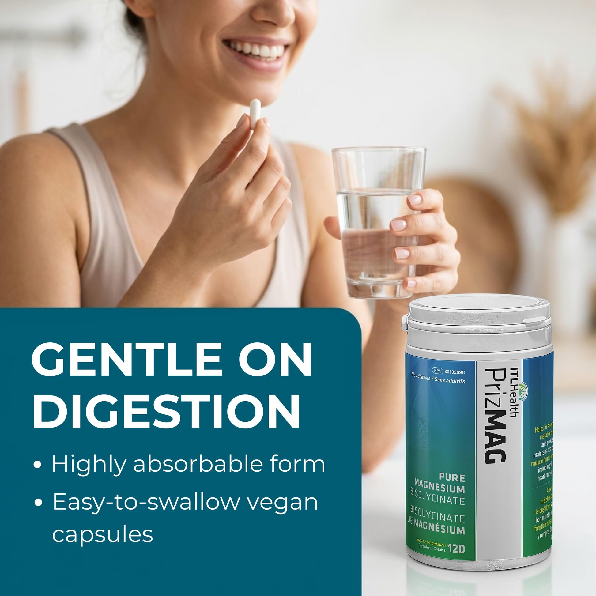 PrizMAG Pure Magnesium Bisglycinate, Magnesium Glycinate, 380mg of Mag Per Serving | Supports Muscle & Bone Health - Gentle on Digestion & High Absorption | Made in Canada - 120 Capsules - Available at All In One Marketplace Canada