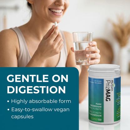 PrizMAG Pure Magnesium Bisglycinate, Magnesium Glycinate, 380mg of Mag Per Serving | Supports Muscle & Bone Health - Gentle on Digestion & High Absorption | Made in Canada - 120 Capsules - Available at All In One Marketplace Canada