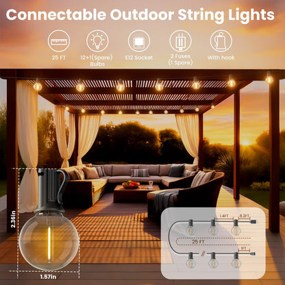 RTTY Outdoor String Lights Patio Light for Outside Waterproof G40 Shatterproof LED Bulbs, Dimmable Hanging Connectable Globe Lighting for Bistro, Backyard, Cafe, Porch, 2700K, 25 FT 13pcs