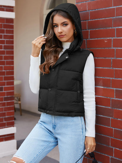 Ogfao Womens Puffer Vest with Hood Winter Warm Outerwear Cropped Vests with Pockets Black M 🍁 All In One Marketplace Canada