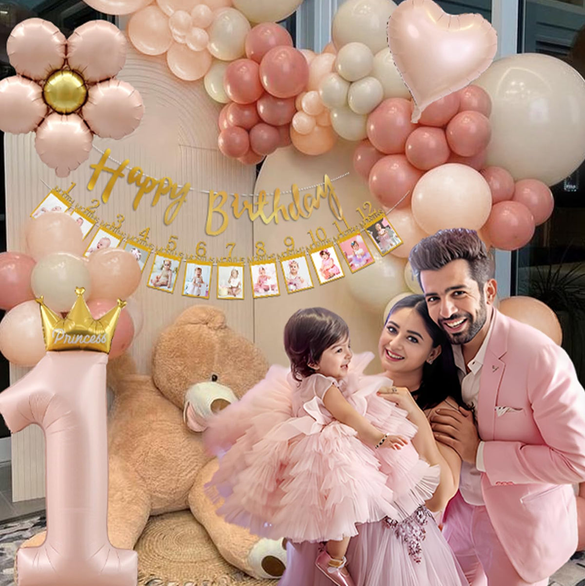 First Birthday Decorations for Girl, 1st Birthday Decorations Girl Happy Birthday Banner Cake Topper Bear Balloon Photo Banner Dusty Pink and Gold Balloons 1st Birthday Girl Decoration 🍁 All In One Marketplace Canada