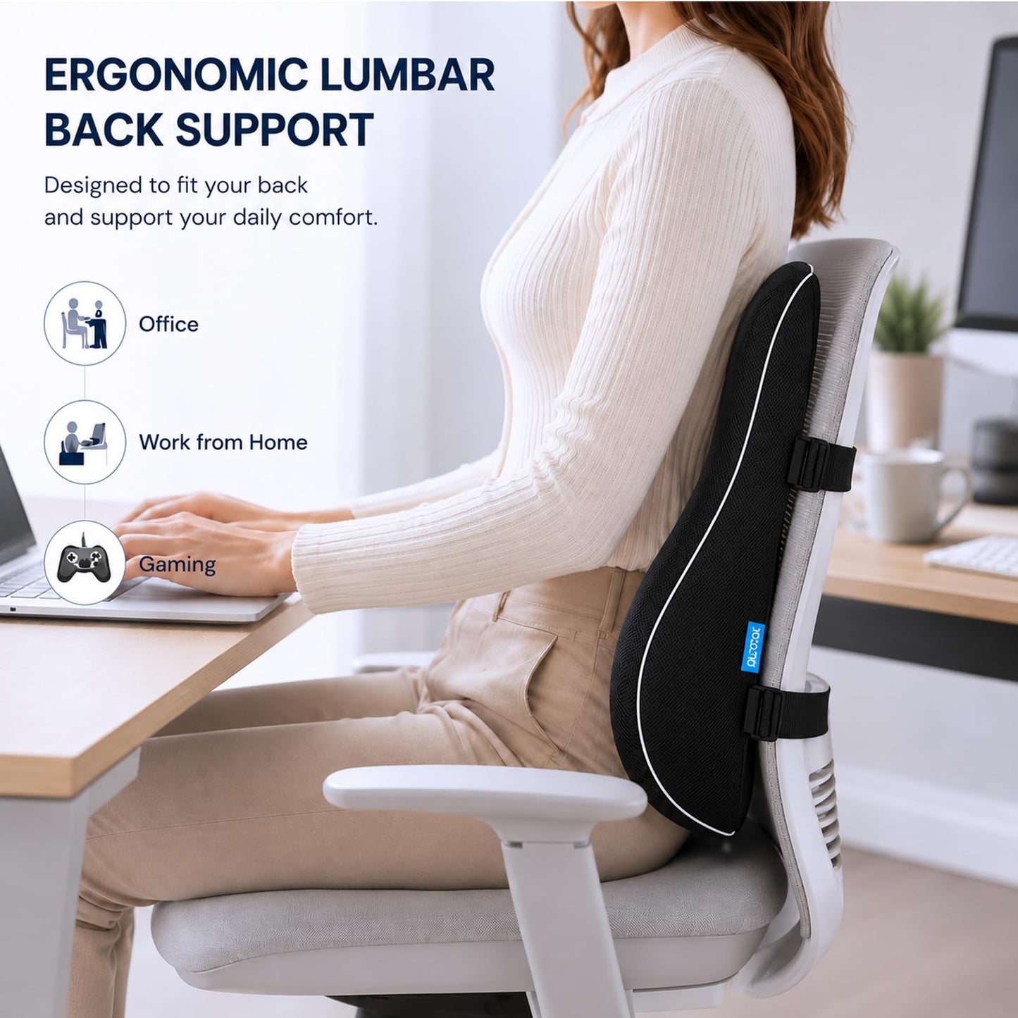 QUTOOL Lumbar Support Pillow for Office Chair, High-Density Memory Foam Back Cushion with Dual Adjustable Straps, Breathable 3D Mesh Cover, Ergonomic Back Support for Everyday Sitting - Available at All In One Marketplace Canada