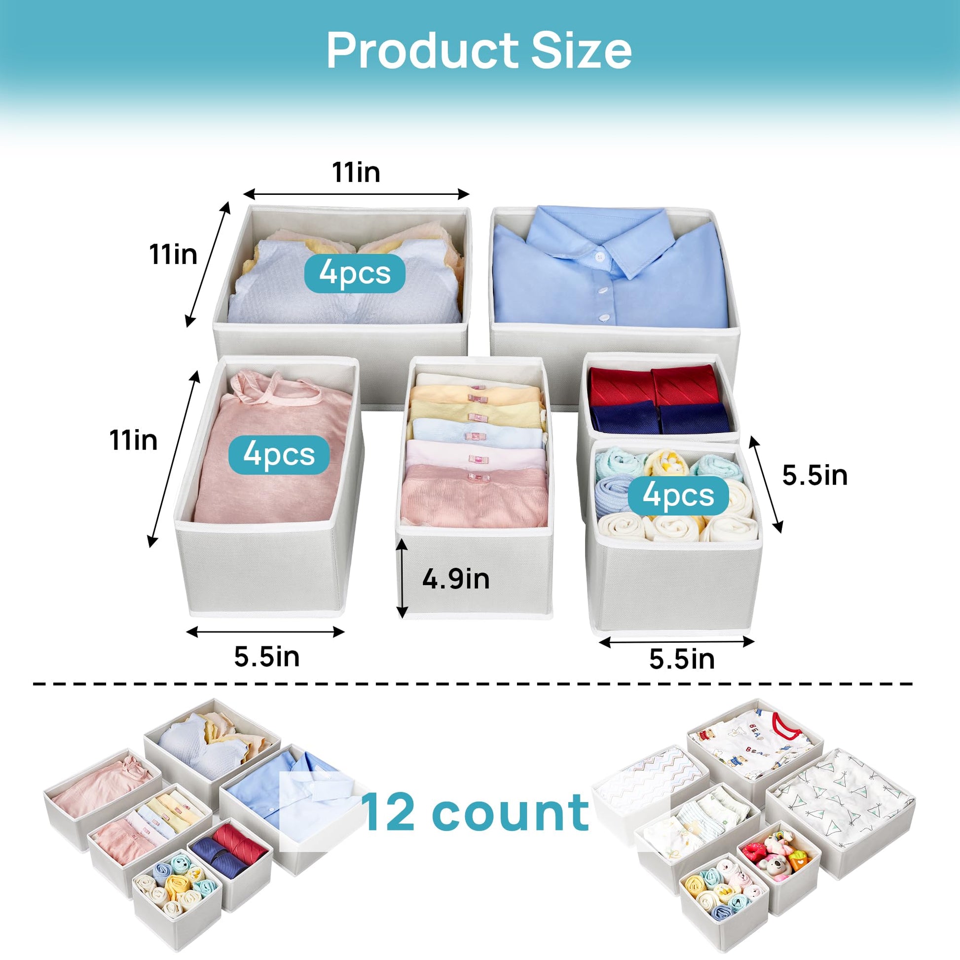Vtopmart 12Pack Drawer Organizer for Clothes, Underwear Organizer Bins, Foldable Fabric Closet Storage Organization, Dresser Drawer Dividers for Baby Clothing, Bra, Socks, Ties, Scarf - Available at All In One Marketplace Canada