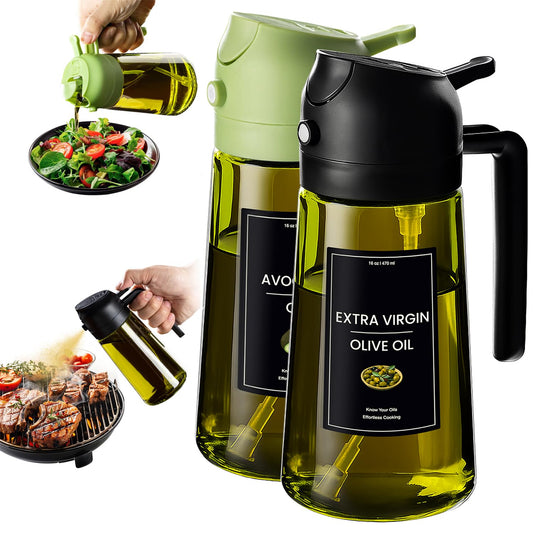 CXINYI 16oz/470ml Olive Oil Dispenser Bottle with Stickers - 2 in 1 Olive Oil Spray Bottle, Air Fryer & Salad, Light-Proof Glass Kitchen Gadgets, Black&Green - Available at All In One Marketplace Canada