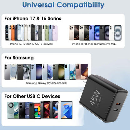 45W Type C Super Fast Charging Block,35W+10W Dual USB-C Port Charger Block with 4FT/6FT/4FT/6FT Type C Charger Cable for Samsung Galaxy S25/S24/S23/S22/S21/i Phone 17/16/15