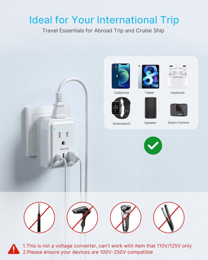1 Pack European Travel Plug Adapter, VINTAR Foldable International Power Plug with 2 AC Outlets 3 USB Ports(2 USB C), Type C Travel Essentials Charger for Canada to Most of Europe Italy Spain France - Available at All In One Marketplace Canada