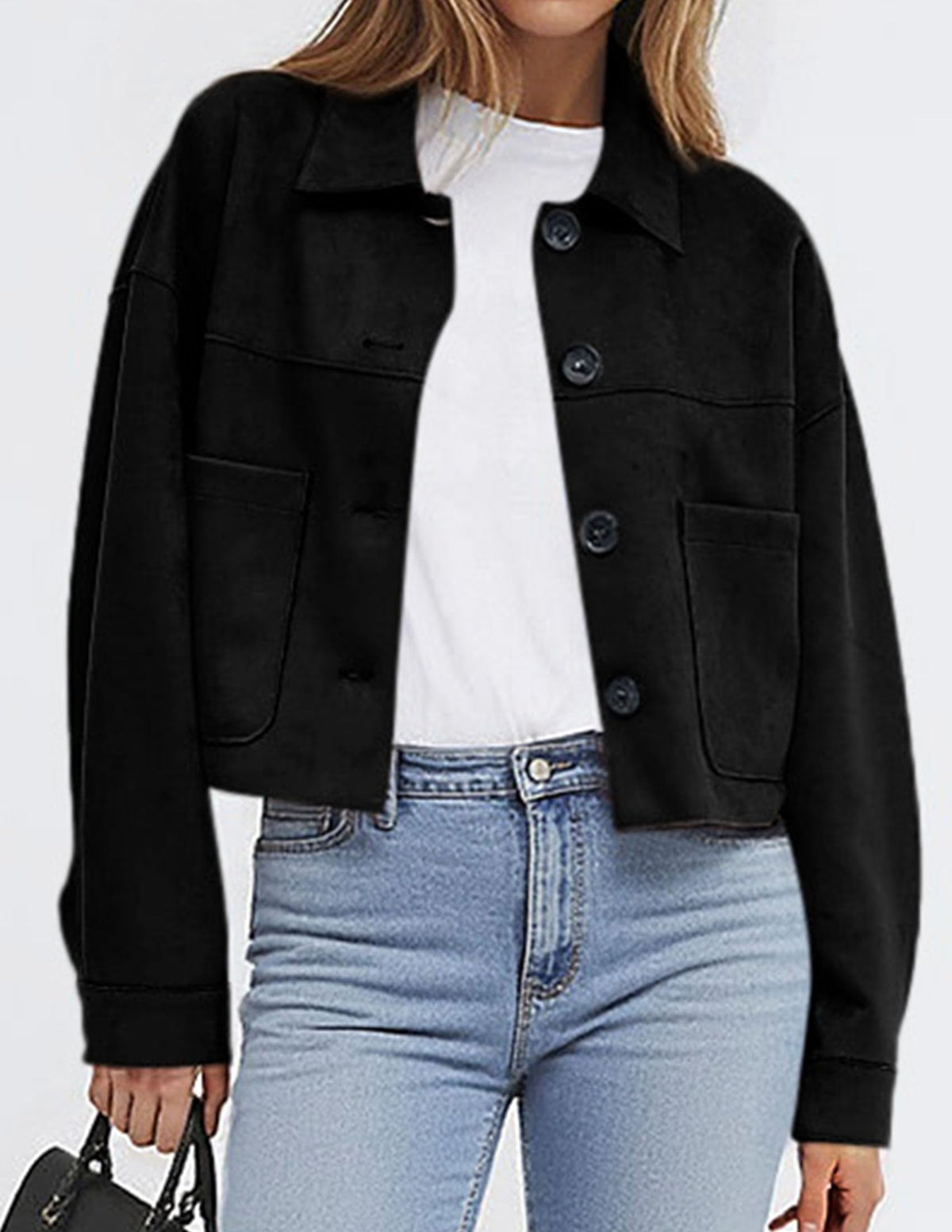 PRETTYGARDEN Women's Faux Suede Lightweight Cropped Jacket Black,S 🍁 All In One Marketplace Canada