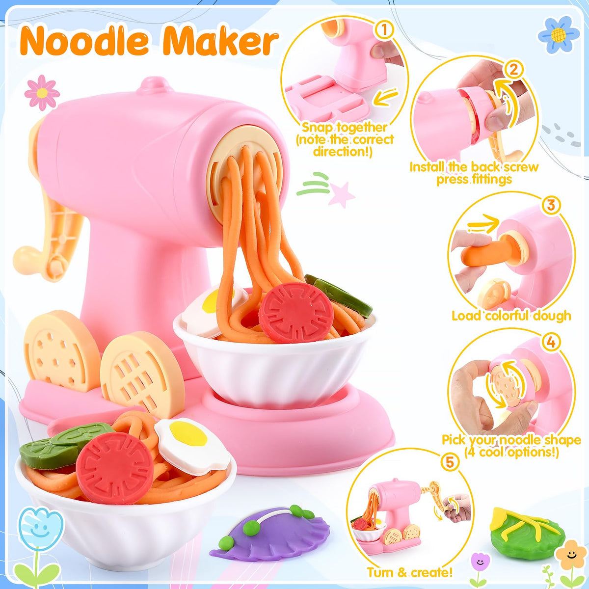 5-in-1 Color Dough Sets for Kids Ages 3+ DIY Food Maker Toys Set with 24 Dough, Arts and Crafts Kit for Pretend Play Ice Cream/Cake/Noodle/Hamburger/Pizza/Baking Set Toys Machines 🍁 All In One Marketplace Canada