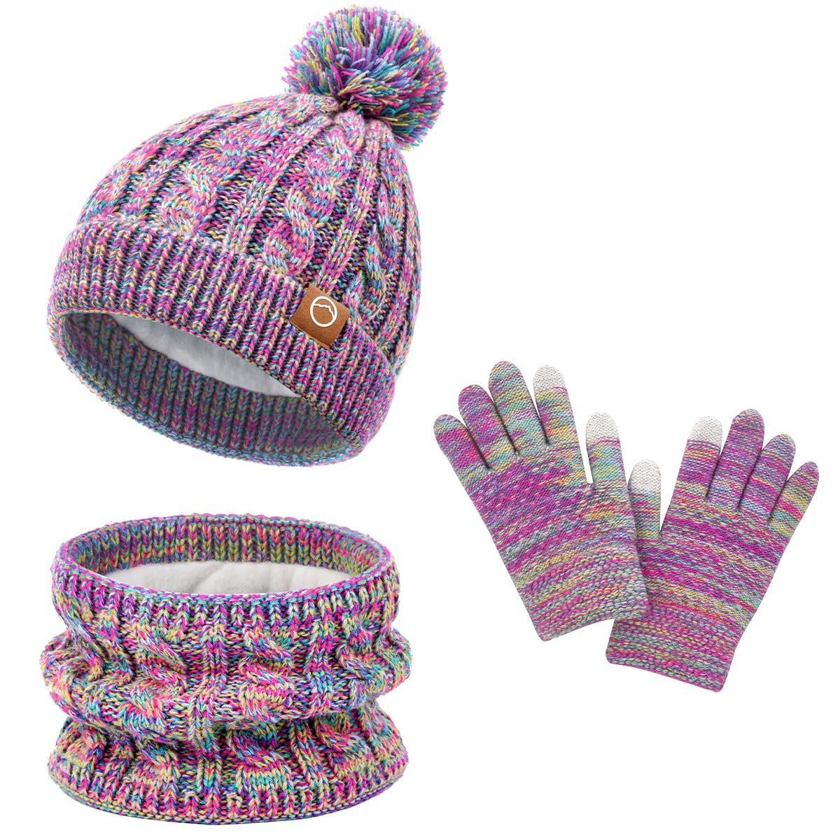 KIRAAT Kids Winter Pom Beanie Hat Scarf Gloves Set,Toddler Girls Boys Warm Knitted Fleece Lining Slouchy Cap for 3-10 Years Rainbow 🍁 All In One Marketplace Canada