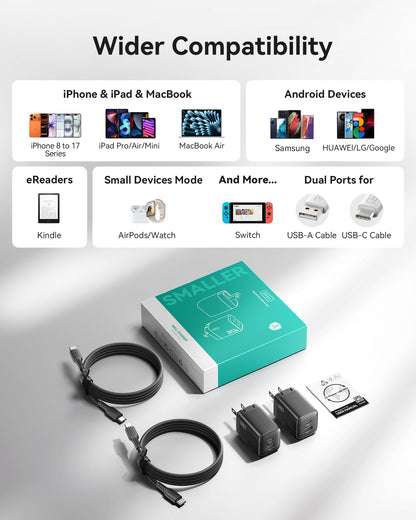 INIU for iPhone 17 16 Charger, 30W GaN Tech USB C Charger Fast Charging, 2-Pack Foldable USB C Charging Block with Cable for iPhone 17 16 Pro Max, MacBook Air 13 M4, Samsung S25 S24, iPad 11 Air