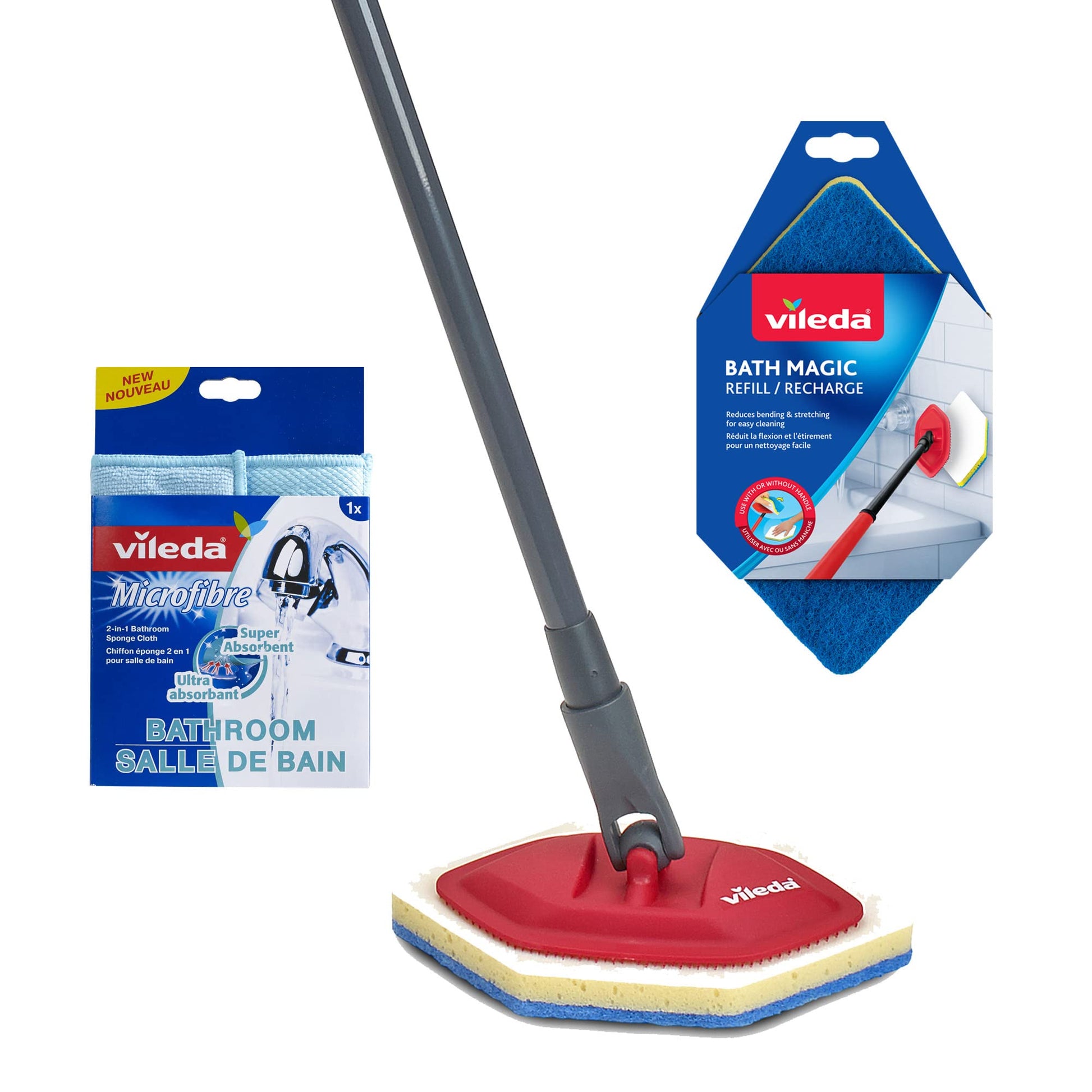 Vileda Bathroom Cleansing Supplies Set | Includes 1 Magic Mop with 1 Extra Refill and 1 Microfibre Bathroom Cleaning Cloth Vileda