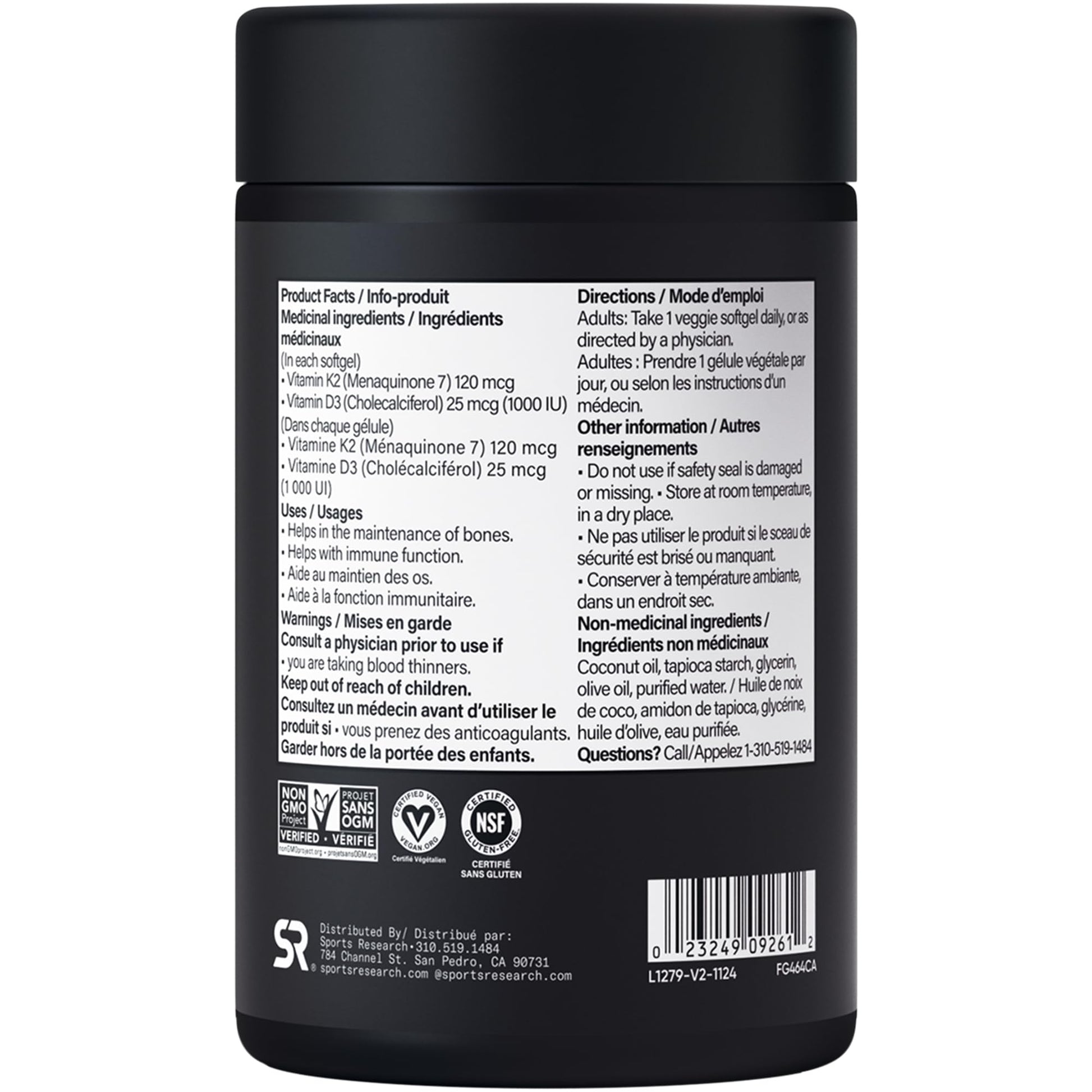 Sports Research® Vitamin D3 + K2 w/Coconut MCT Oil - Vegan Vitamin D 1000iu (25mcg) & Mk-7 Vitamin K 120mcg - Vegan Certified · Non-GMO · Soy Free - 90 Softgels