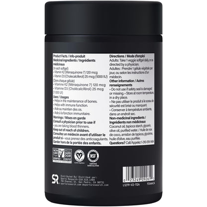 Sports Research® Vitamin D3 + K2 w/Coconut MCT Oil - Vegan Vitamin D 1000iu (25mcg) & Mk-7 Vitamin K 120mcg - Vegan Certified · Non-GMO · Soy Free - 90 Softgels