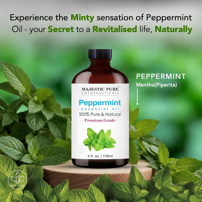 Majestic Pure Peppermint Essential Oil - Huge 118 ml - 100% Pure and Natural Oil for Soap Making Scent- Premium Grade with Glass Dropper