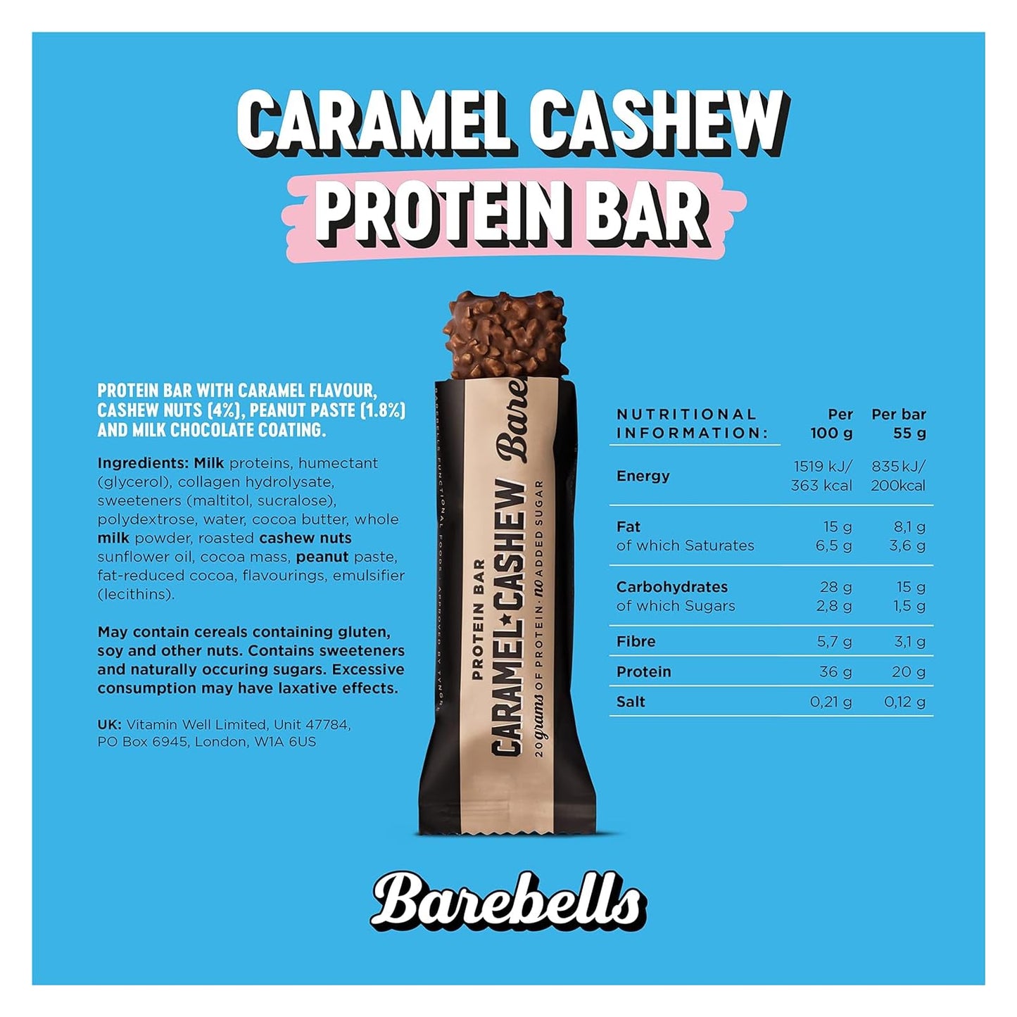 Barebells Caramel Cashew Protein Bars - 12 Pack, 1.9oz Each, 20g Protein per Bar, 1g Sugar