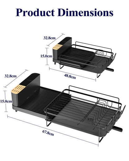 Kitsure Large Dish Drying Rack - Extendable Stainless Steel, Anti-Rust Kitchen Counter Rack with Cutlery & Cup Holders, 67.8 x 32.8 x 15.0cm, Black - Available at All In One Marketplace Canada