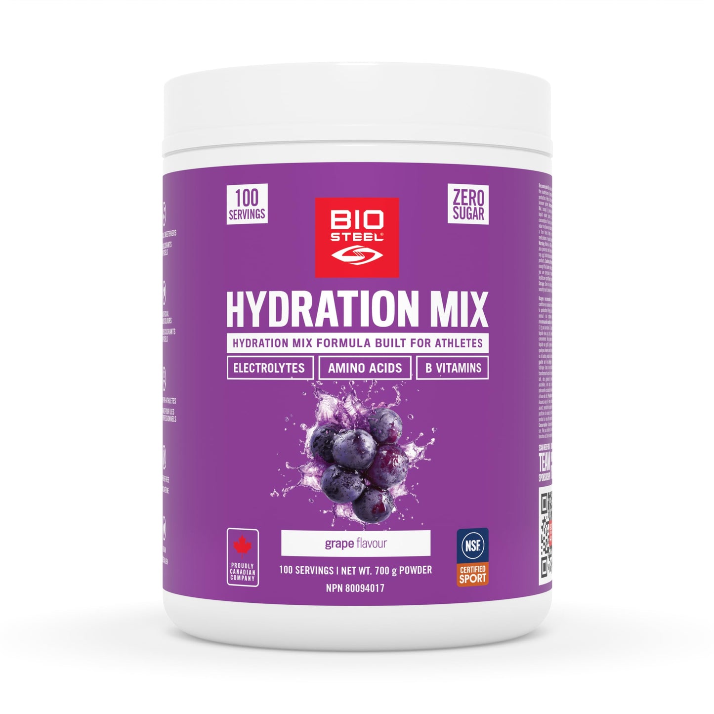 BioSteel Electrolyte Hydration Mix Powder, Zero Sugar, No Artificial Flavours, Grape, 100 Serving Container - Available at All In One Marketplace Canada