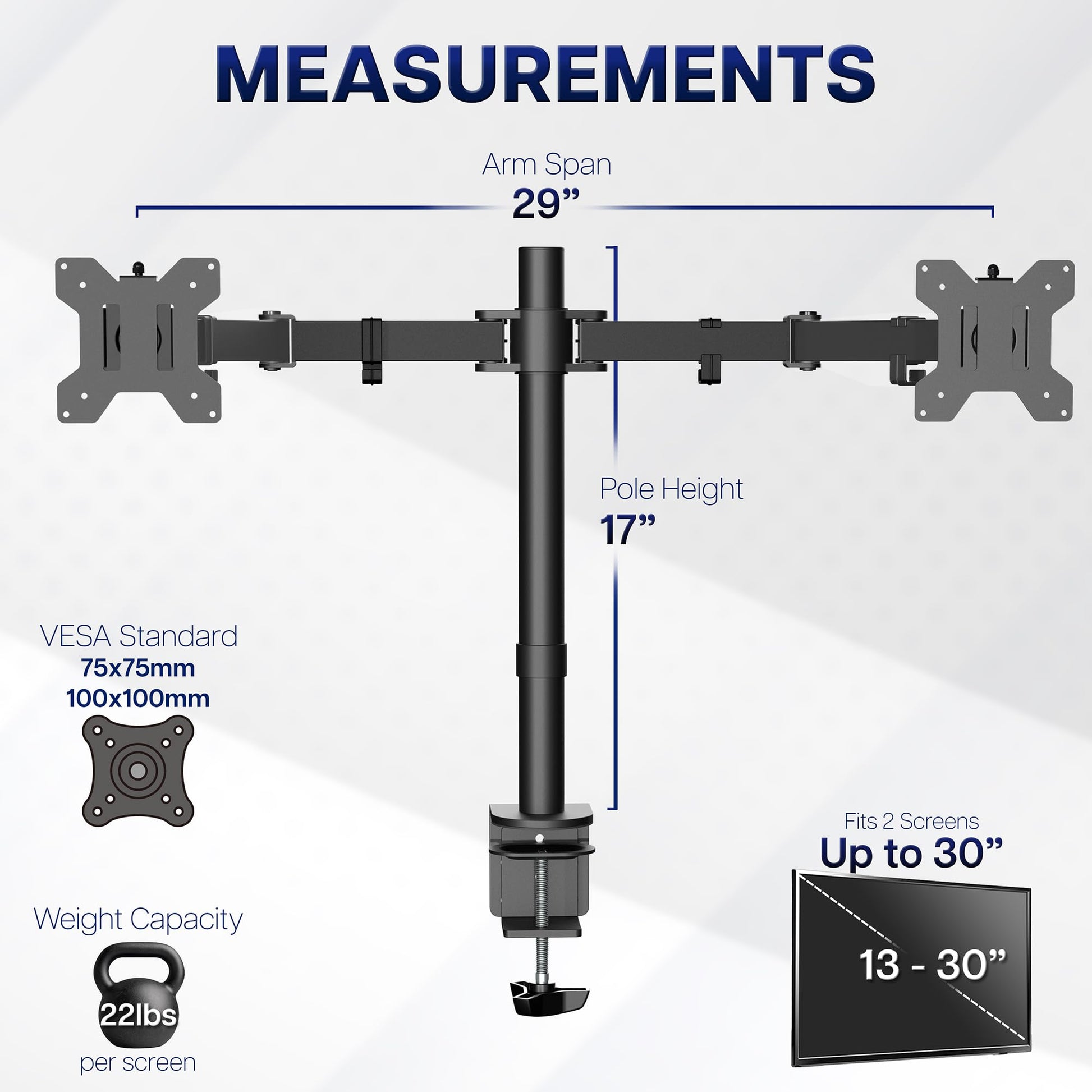 VIVO Dual Monitor Desk Mount, Holds 2 Computer Screens up to 30 inches and 22lbs Each, Heavy Duty Fully Adjustable Steel Stand with C-Clamp and Grommet, Black, STAND-V002