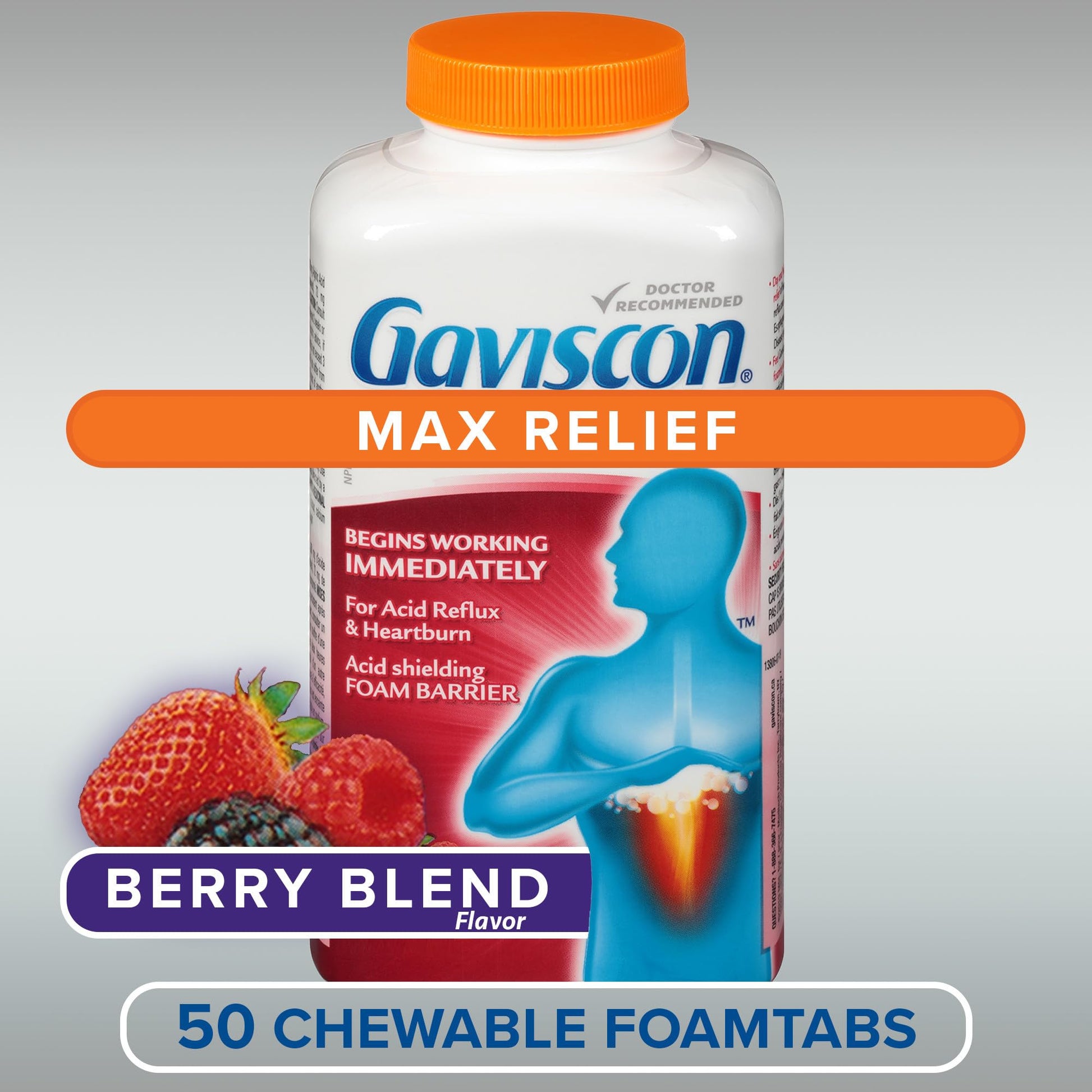 Gaviscon Max Relief Tablets - 50 Count - Chewable Foaming Antacid Tablets for Day and Night Heartburn Relief, Acid Reflux and GERD Relief, Berry Blend - Free of Aluminum, Lactose and Gluten - Available at All In One Marketplace Canada