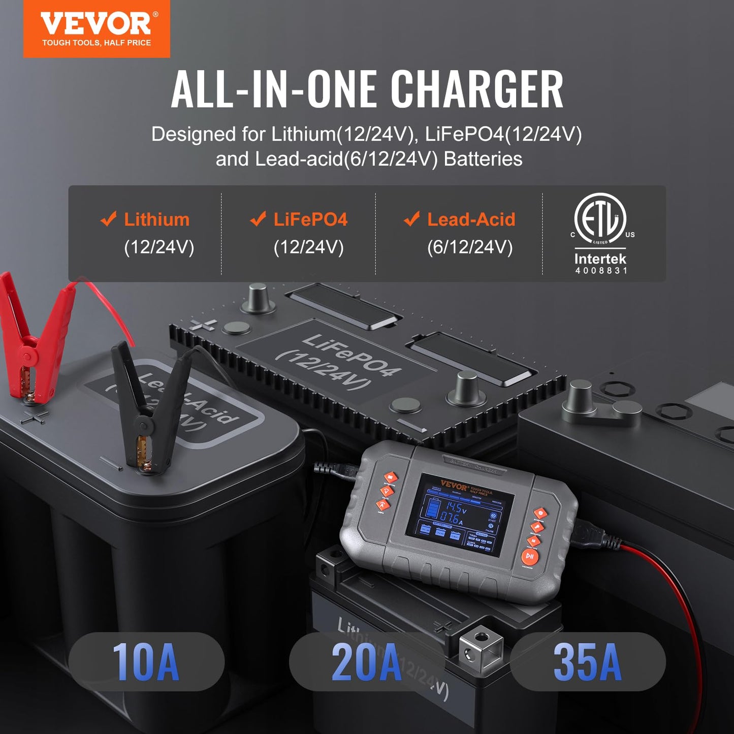 VEVOR Smart Battery Charger, 35-Amp, Lithium LiFePO4 Lead-Acid (AGM/Gel/SLA) Car Battery Charger with LCD Display, Trickle Charger Maintainer Desulfator for Boat Motorcycle Lawn Mower Deep Cycle VEVOR