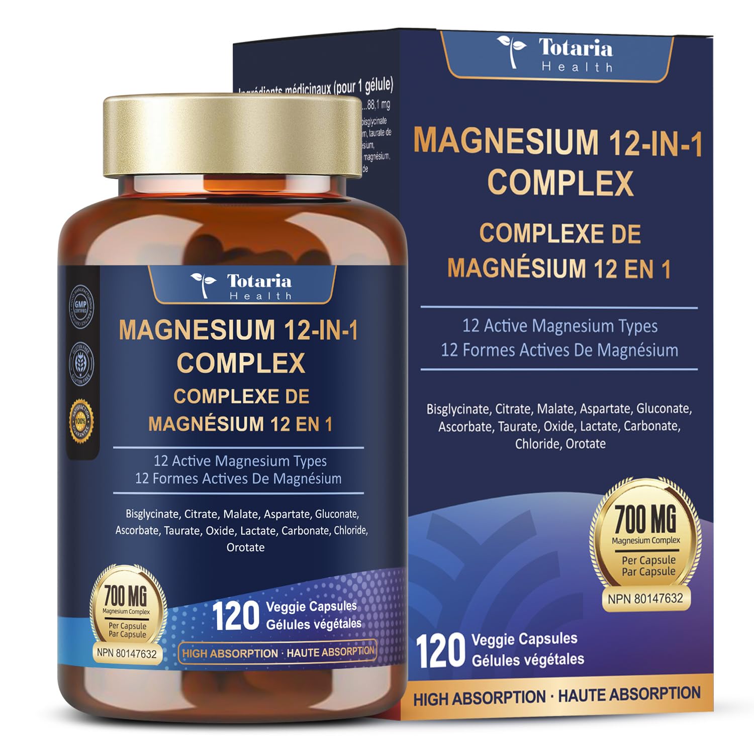 Totaria Magnesium Complex 700mg 12 in 1 Magnesium Supplement with Glycinate Citrate Malate Oxide Taurate Aspartate Orotate Magnesium Relaxation,Muscle,Heart Support, Vegan 120 Capsules - Available at All In One Marketplace Canada