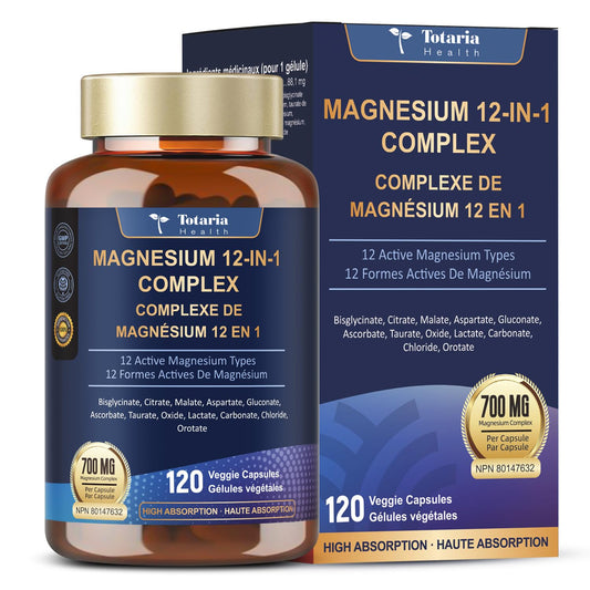 Totaria Magnesium Complex 700mg 12 in 1 Magnesium Supplement with Glycinate Citrate Malate Oxide Taurate Aspartate Orotate Magnesium Relaxation,Muscle,Heart Support, Vegan 120 Capsules - Available at All In One Marketplace Canada