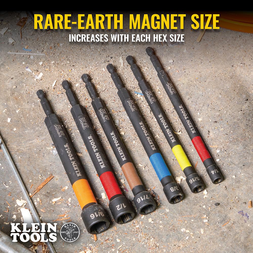 Klein Tools 32930 Magnetic Impact Nut Setter Set, 6-Piece Color Coded Power Nut Driver with Extended Reach, 6 Sizes