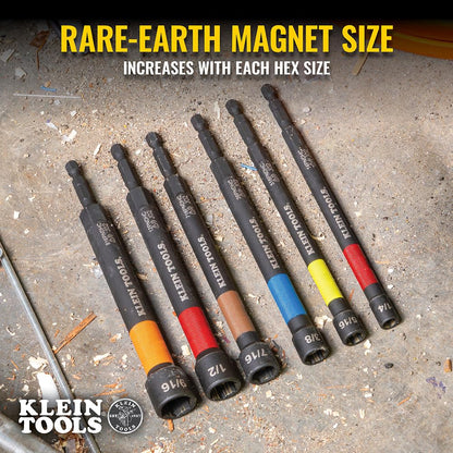 Klein Tools 32930 Magnetic Impact Nut Setter Set, 6-Piece Color Coded Power Nut Driver with Extended Reach, 6 Sizes