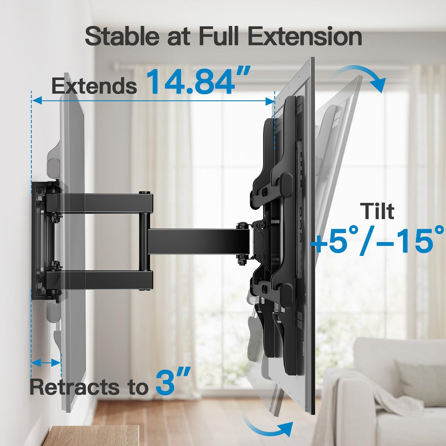 Pipishell Full Motion TV Wall Mount for 37-84" Flat Curved TVs, Wall Mount TV Bracket with Dual Articulating Arms Swivel Tilt Rotation, TV Mount up to 132lbs Max VESA 600x400 Fit 12"-16" Wood Stud