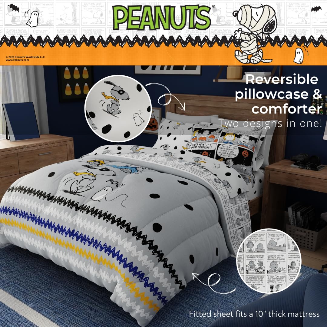 Parure de lit deux places Peanuts Halloween – Ensemble 5 pièces réversible, ultra doux et confortable, avec couette et draps à l'effigie de Snoopy et Charlie Brown (produit officiel Peanuts) par Franco
