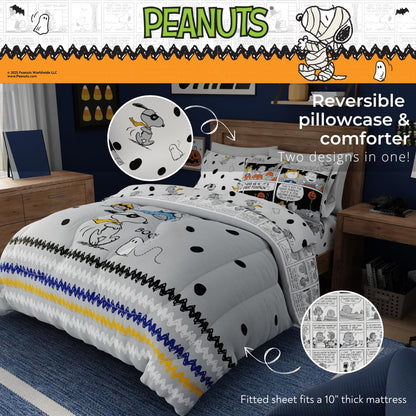 Parure de lit deux places Peanuts Halloween – Ensemble 5 pièces réversible, ultra doux et confortable, avec couette et draps à l'effigie de Snoopy et Charlie Brown (produit officiel Peanuts) par Franco