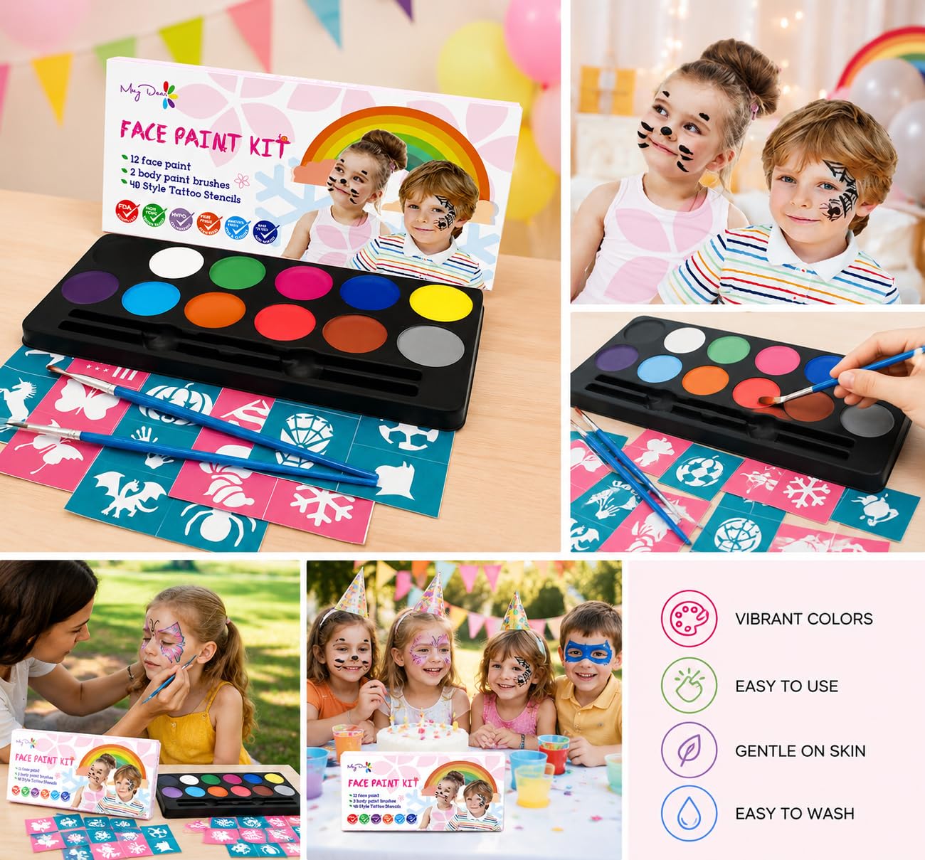 Maydear Face Painting Kit for Kids with 12 Colors Safe and Non-Toxic Large Water Based Face Paint (Matte) - Available at All In One Marketplace Canada