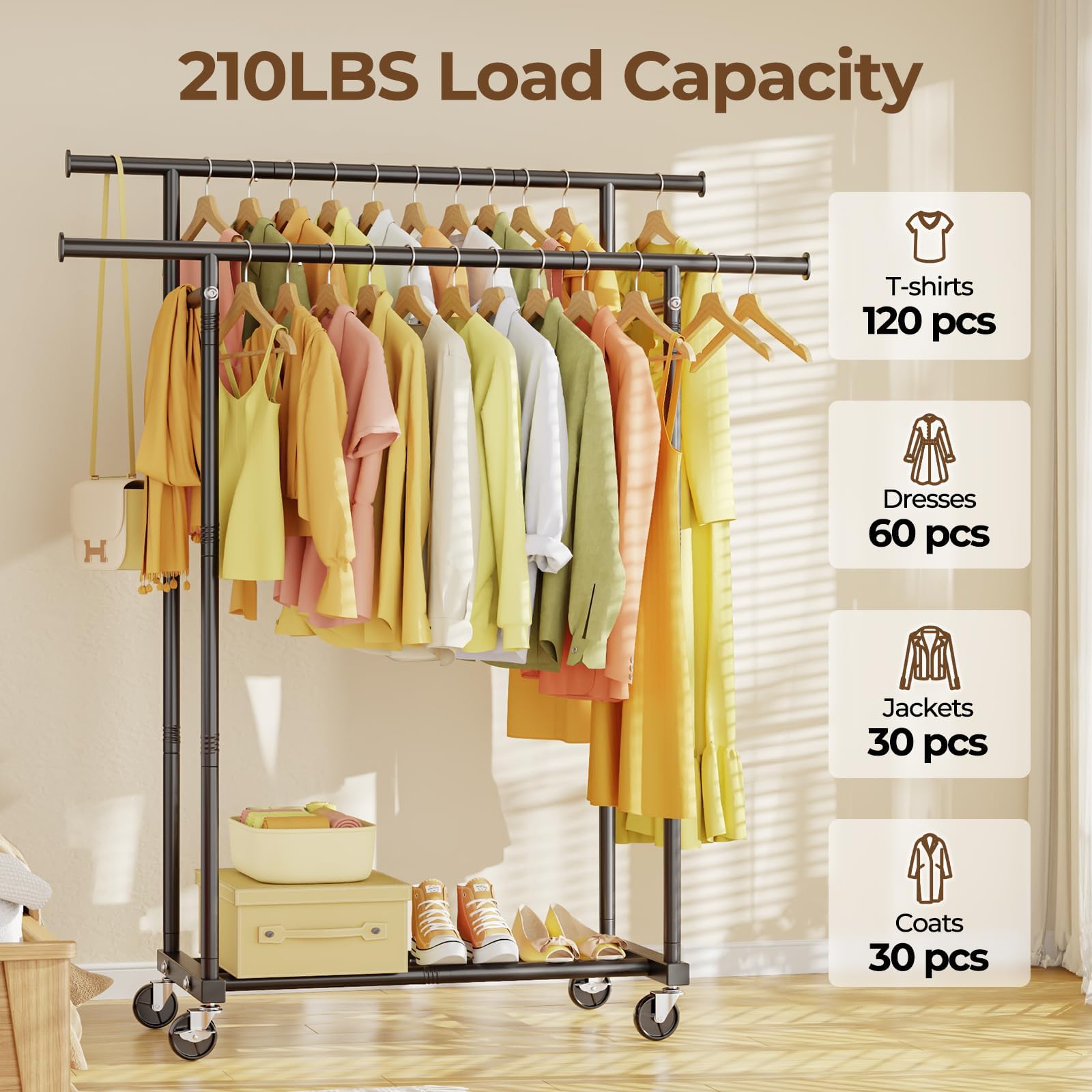 HYSEYY Double Rods Clothing Rack, Rolling Clothes Rack, Metal Garment Rack with 4 Lockable Wheels & Storage Shelf, Sturdy Coat Rack for Bedroom, Laundry, Living Room - 160H x 113W x 42D cm (Black) - Available at All In One Marketplace Canada