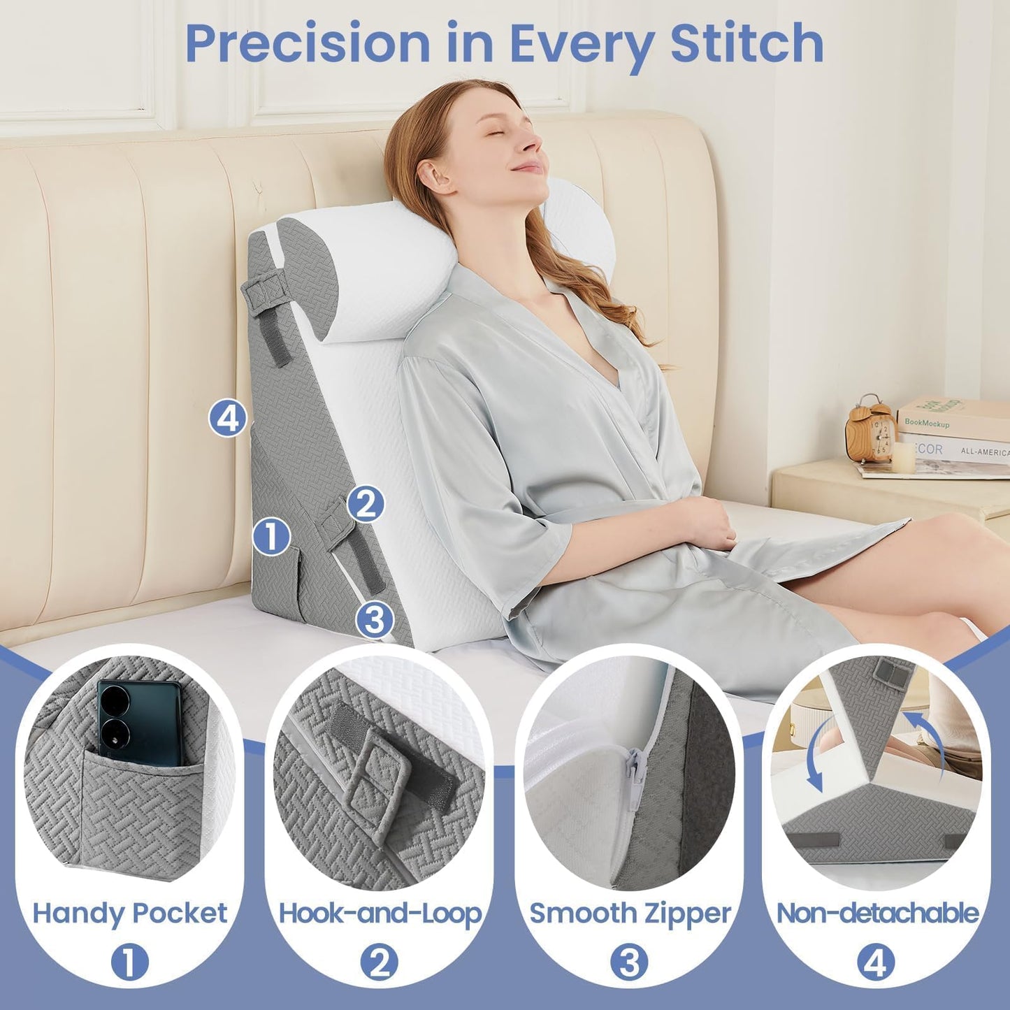 Sasttie Wedge Pillows for Adult, 2PCS Adjustable Bed Wedge Pillow for Post Surgery, Triangle Pillow Headboard with Bolster Cushion for Sleeping, Acid Reflux, Neck & Back Support, White and Dark Grey - Available at All In One Marketplace Canada