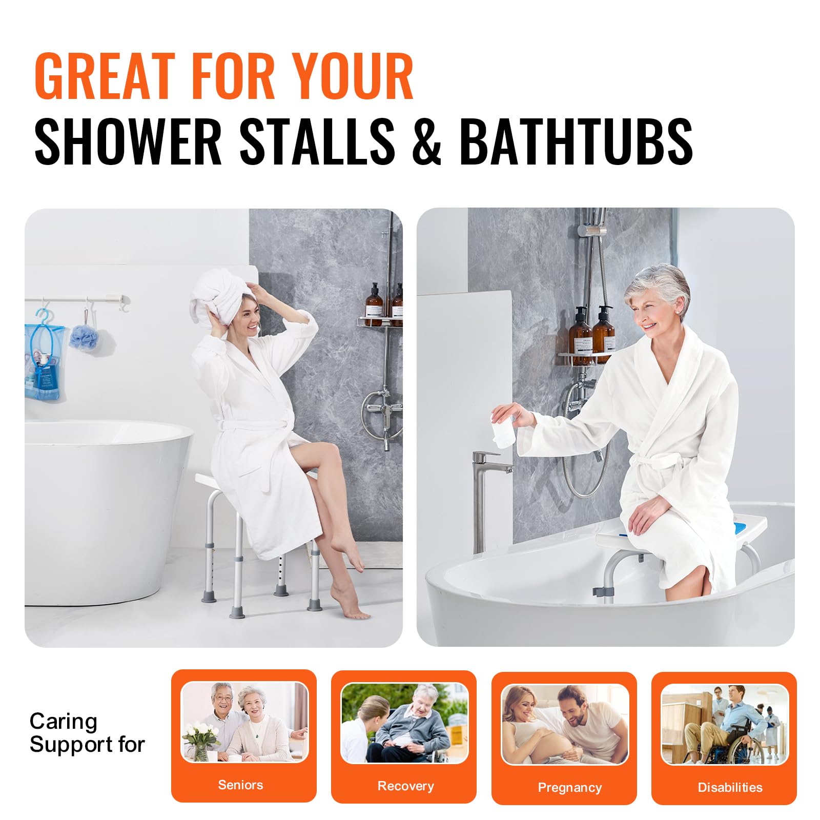 VEVOR Shower Chair, Adjustable Height Shower Stool, Shower Seat for Inside Shower or Tub, Non-Slip Bench Bathtub Stool Seat for Elderly Disabled Handicap, 350 LBS Capacity VEVOR