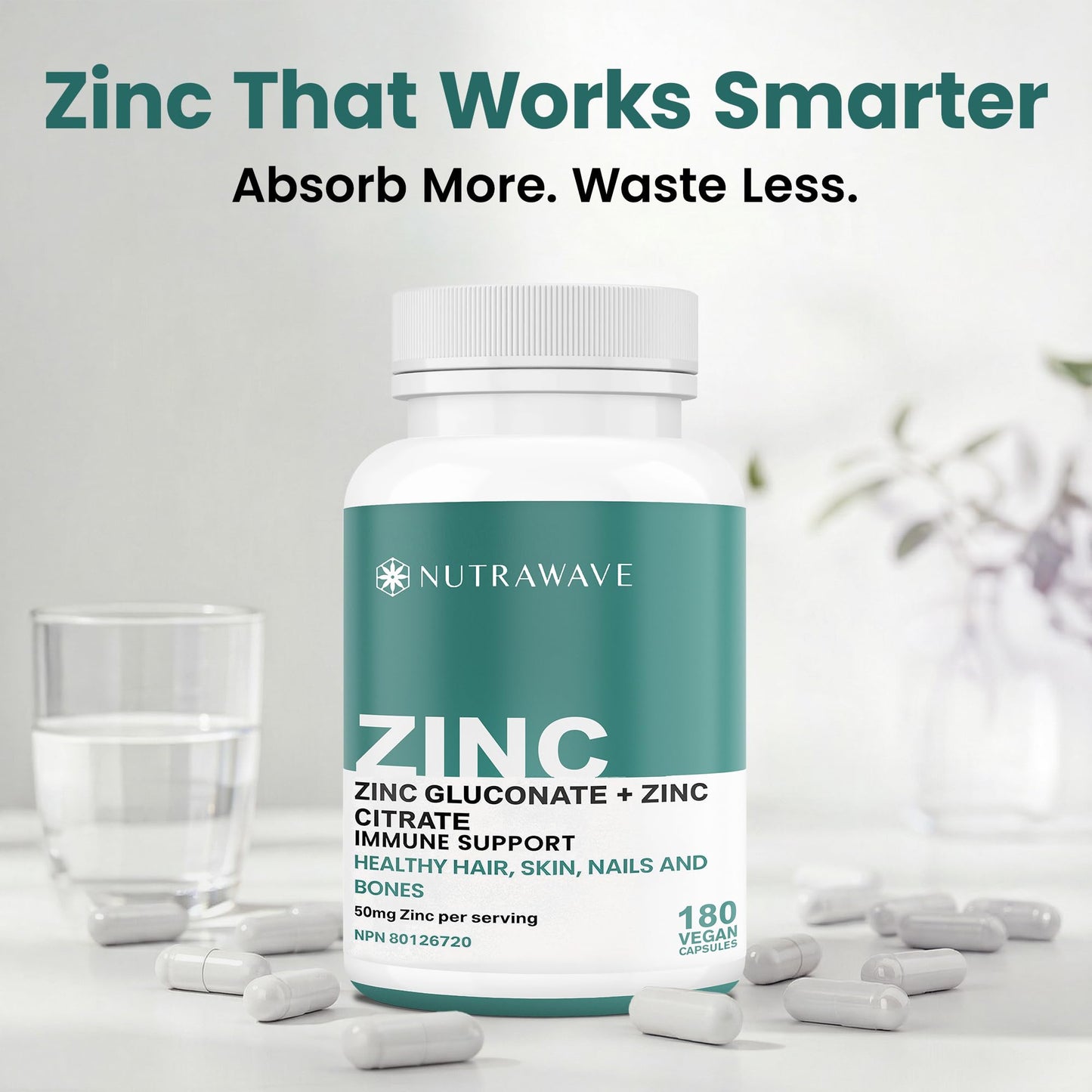 Nutrawave 2-IN-1 Zinc Supplements, High Absorption Formula 50 mg Zinc Gluconate + Zinc Citrate Chelated Stomach-Friendly Immune Booster, Healthy Skin, Hair, Nails & Bones, For Men & Women, Vegan, 6-Month Supply - Available at All In One Marketplace Canada