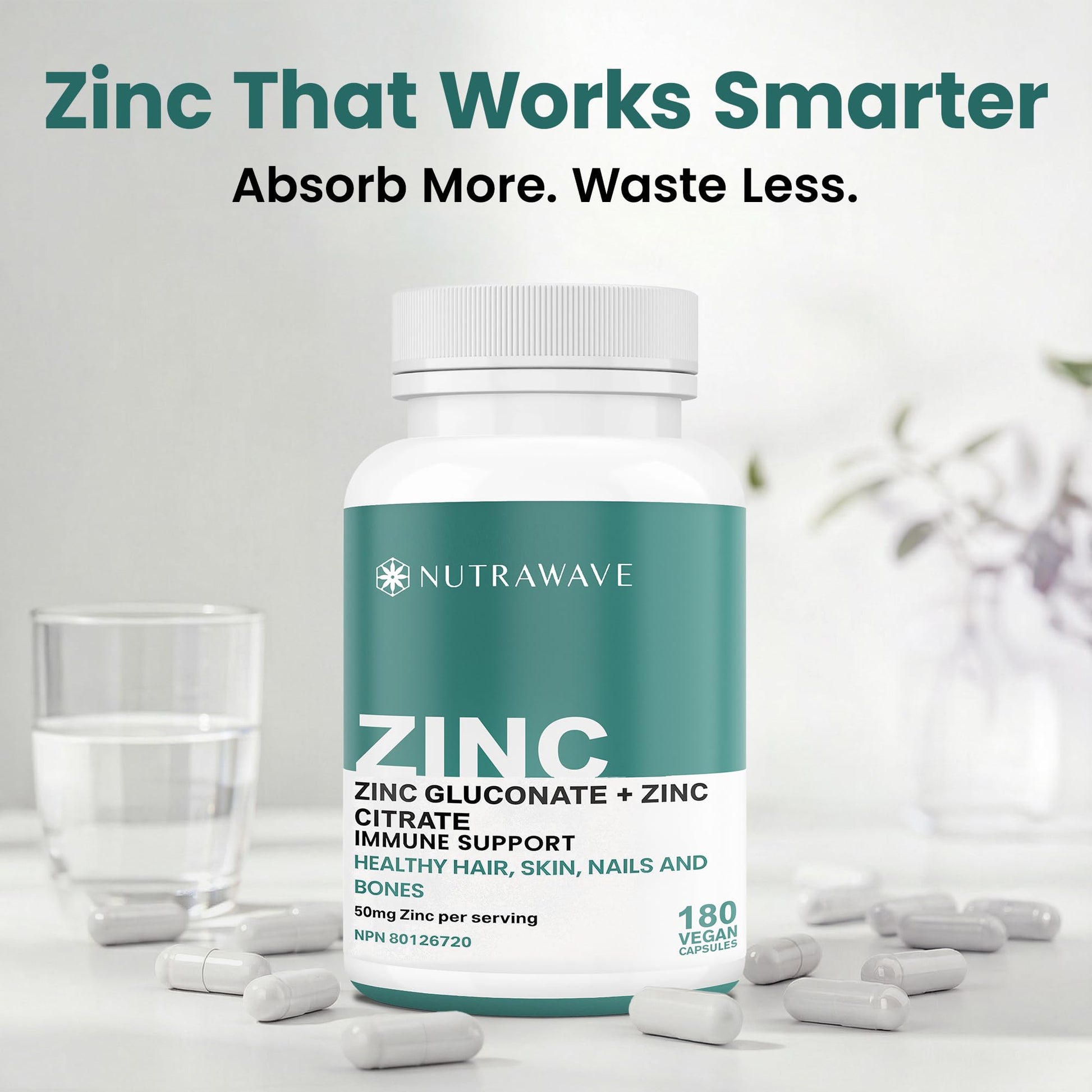 Nutrawave 2-IN-1 Zinc Supplements, High Absorption Formula 50 mg Zinc Gluconate + Zinc Citrate Chelated Stomach-Friendly Immune Booster, Healthy Skin, Hair, Nails & Bones, For Men & Women, Vegan, 6-Month Supply - Available at All In One Marketplace Canada