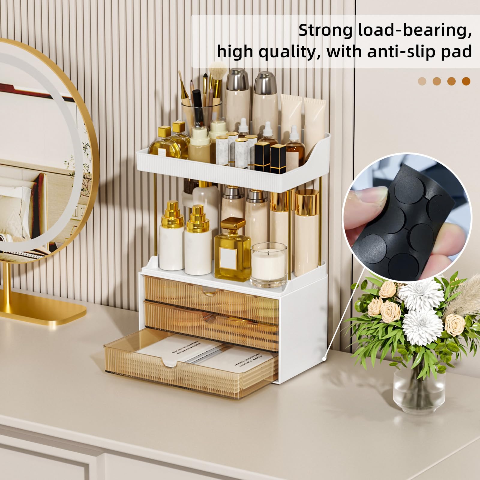 StorBin 3 Large Drawers Makeup Organizer - 5 Tier Bathroom Counter Organizers and Storage, Versatile Perfume Vanity Organizer, Ideal for Cosmetic, Large Skincare, Face Mask, Office Supplies, Amber - Available at All In One Marketplace Canada