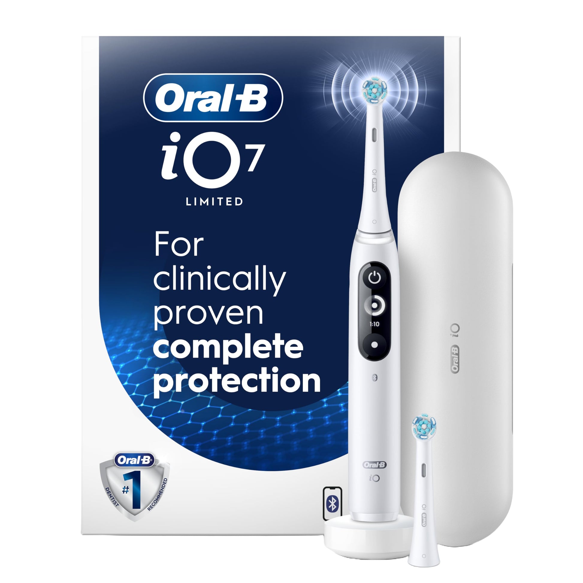 Oral-B iO Deep Clean + Protect Rechargeable Electric Toothbrush, White with Visible Pressure Sensor, 5 Cleaning Settings, 2 Min Timer, an iO Series 7 Toothbrush, 2 Replacement Brush Heads, and Charging Travel Case - Available at All In One Marketplace Canada