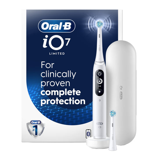 Oral-B iO Deep Clean + Protect Rechargeable Electric Toothbrush, White with Visible Pressure Sensor, 5 Cleaning Settings, 2 Min Timer, an iO Series 7 Toothbrush, 2 Replacement Brush Heads, and Charging Travel Case - Available at All In One Marketplace Canada