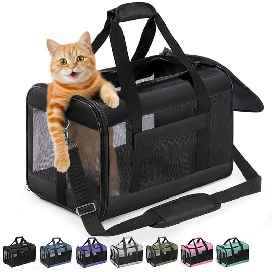 Conlun Cat Carrier Airline Approved, Soft-Sided Dog Carrier with Inner Safety Leash, Pet Transport Carrier for Small-Medium Cats Puppies up to 15 Lbs, Collapsible Travel Kitten Carrier Bag -Black M